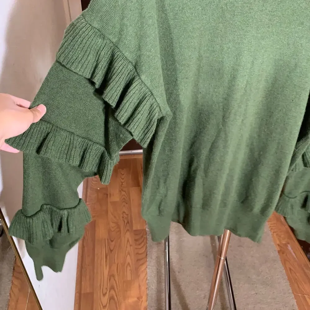 J. Crew green wool blend Ruffle Sleeve sweater size S